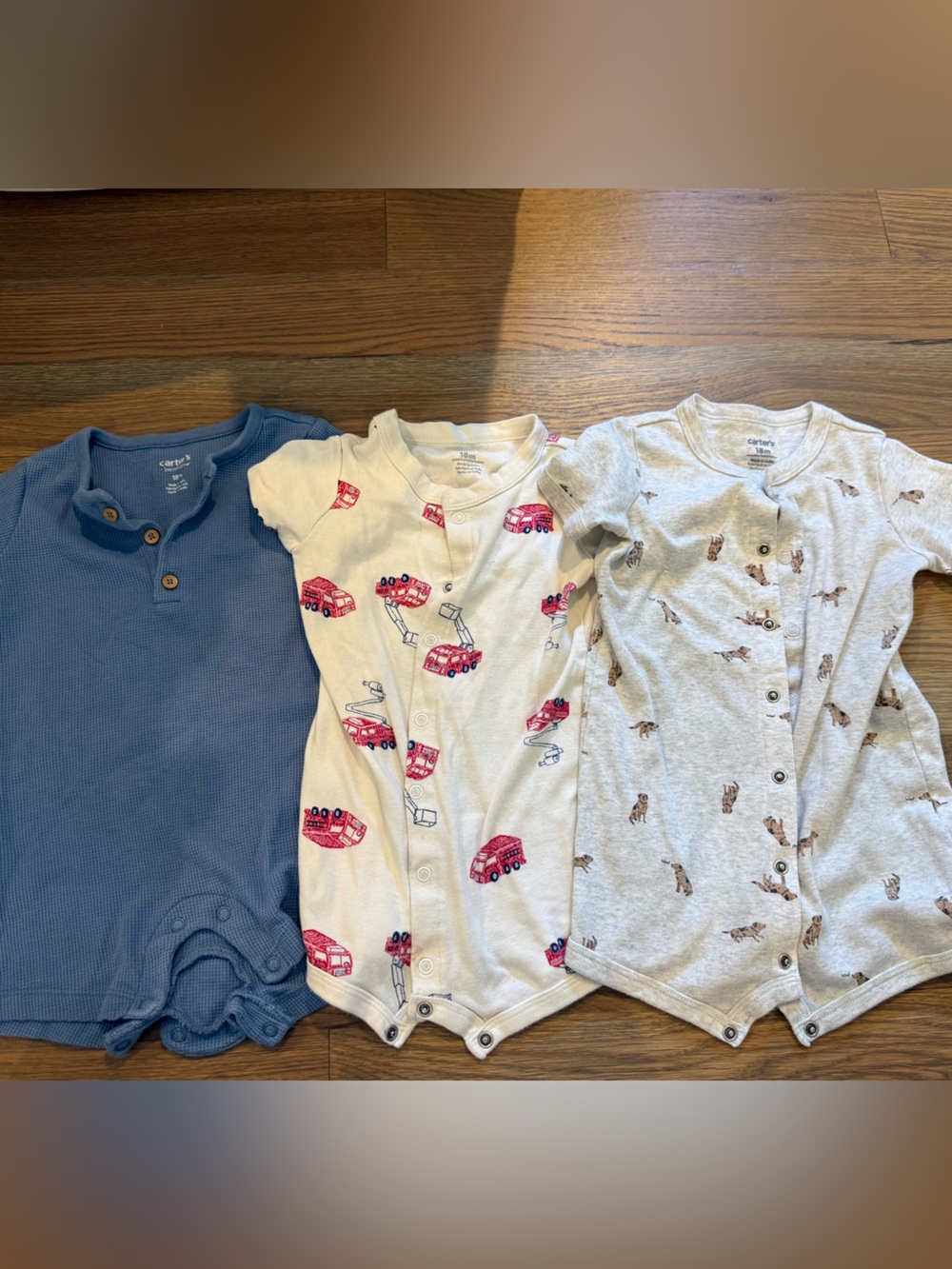 3-Pack Baby Romper Set - Blue, Cream with Red Firetruck, Gray with Puppy Print
